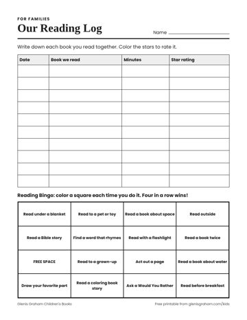 Preview of the family reading log and reading bingo